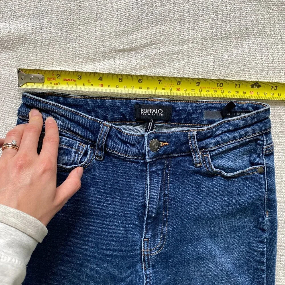 BUFFALO David Bitton Semi High Rise Slim Straight Dark Wash Distressed Hem Jeans - Picture 9 of 13
